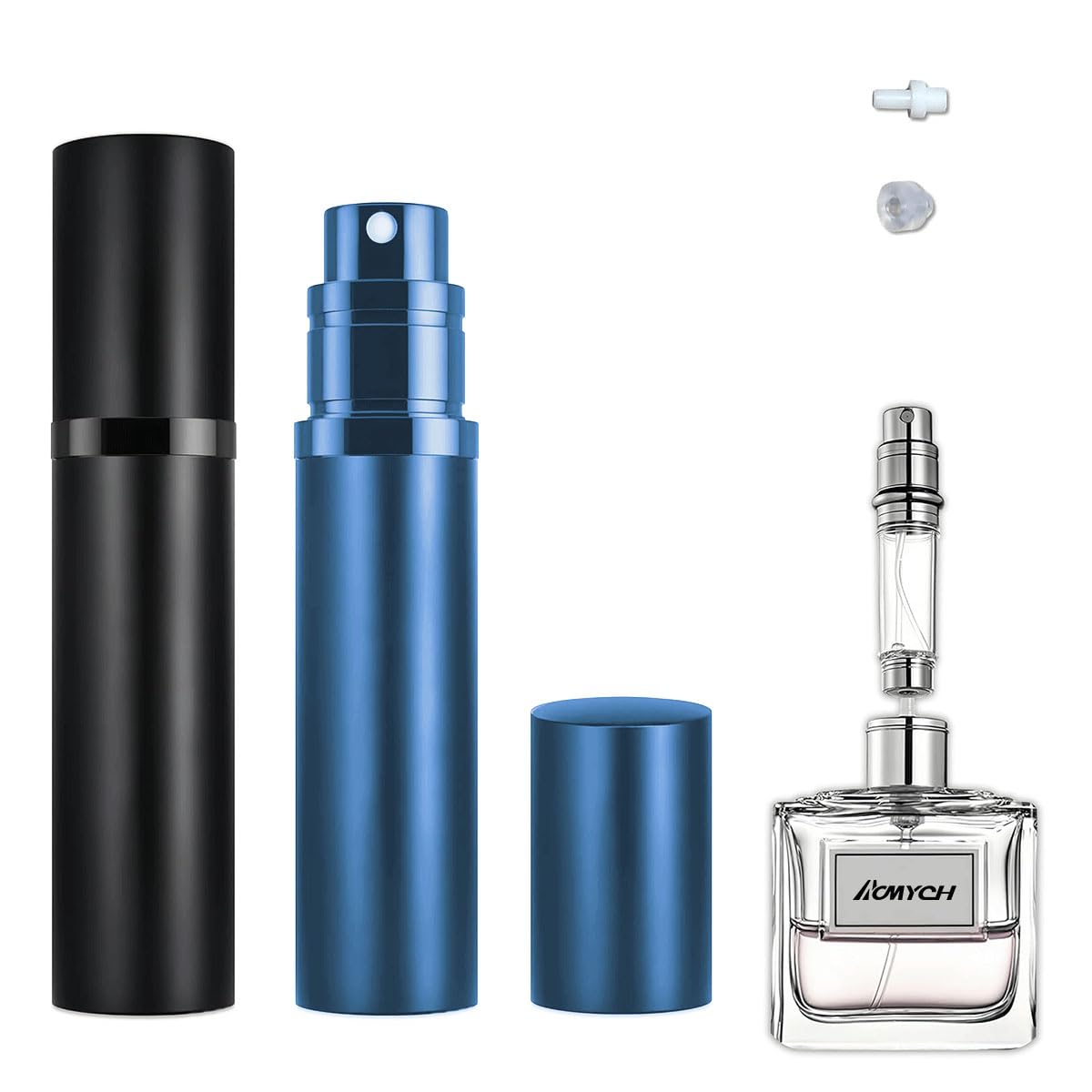 ACMYCH 2PCS travel bottles in black and blue, leakproof design for on-the-go fragrance.