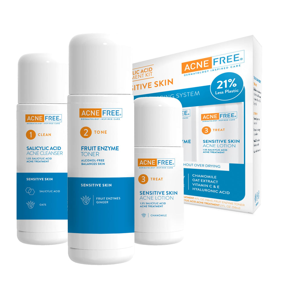 AcneFree 24Hr Clearing System cleanser bottle shows gentle, sensitive-skin formula for daily use