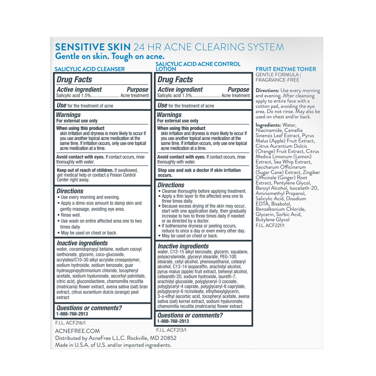 AcneFree 24Hr kit box emphasizes a simple three-step routine for sensitive skin