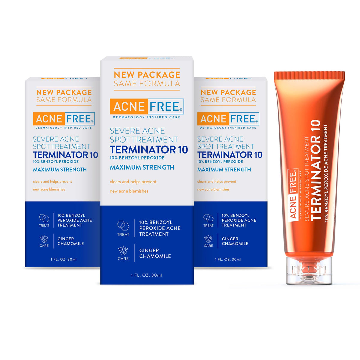 AcneFree Terminator10 bottle with 10% benzoyl peroxide for blemish care