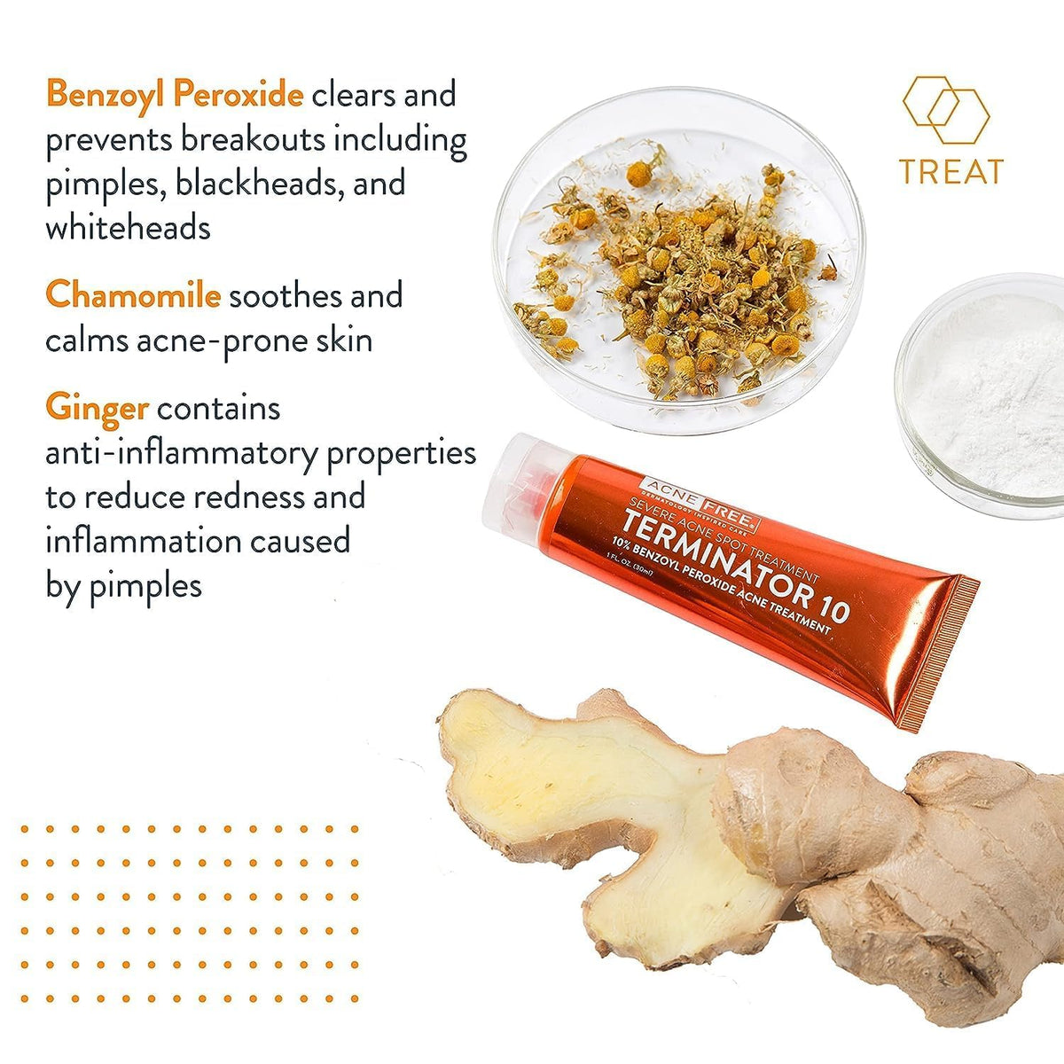 AcneFree Terminator10 tube close-up demonstrates quick-drying formula