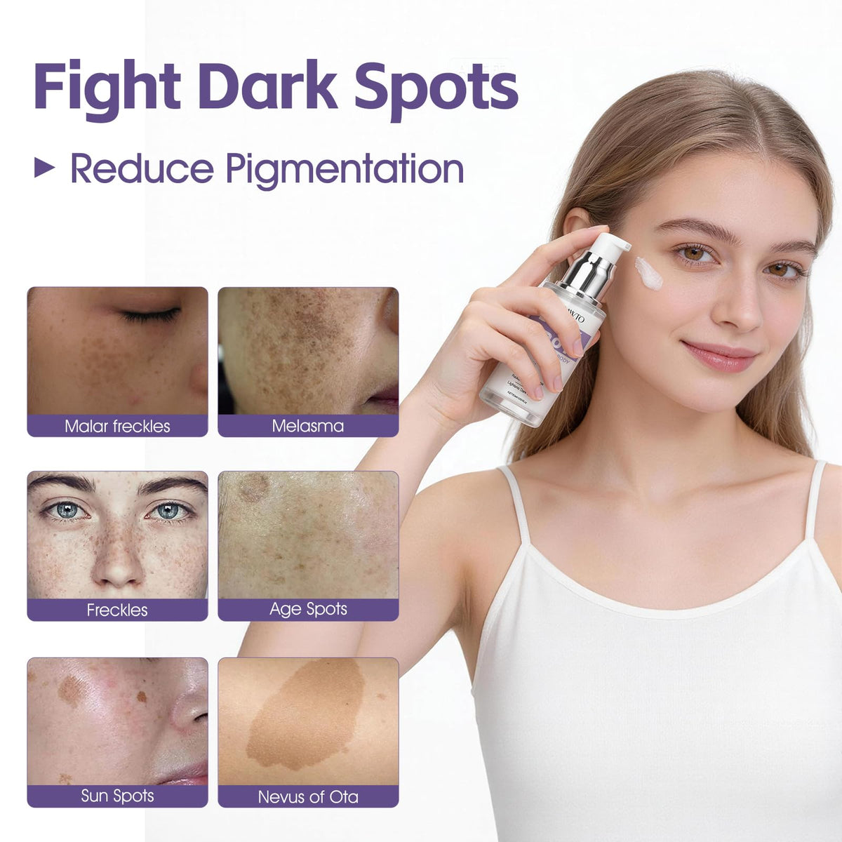 ACOAWTO Dark Spot Serum dropper applying on skin for easy daily use.
