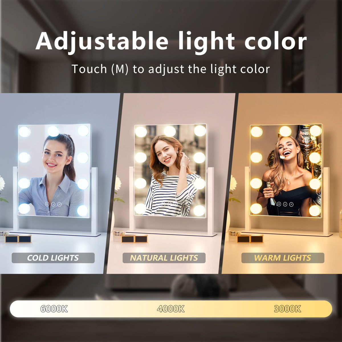 Acoolda vanity mirror with 3 lighting modes for versatile makeup.