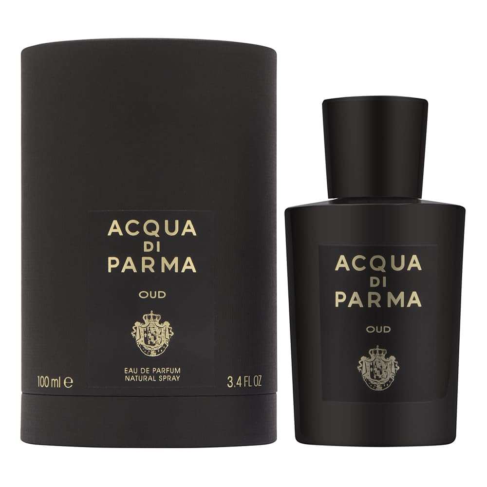 Acqua Di Parma Oud bottle front view on black surface, ideal for elegant evenings.