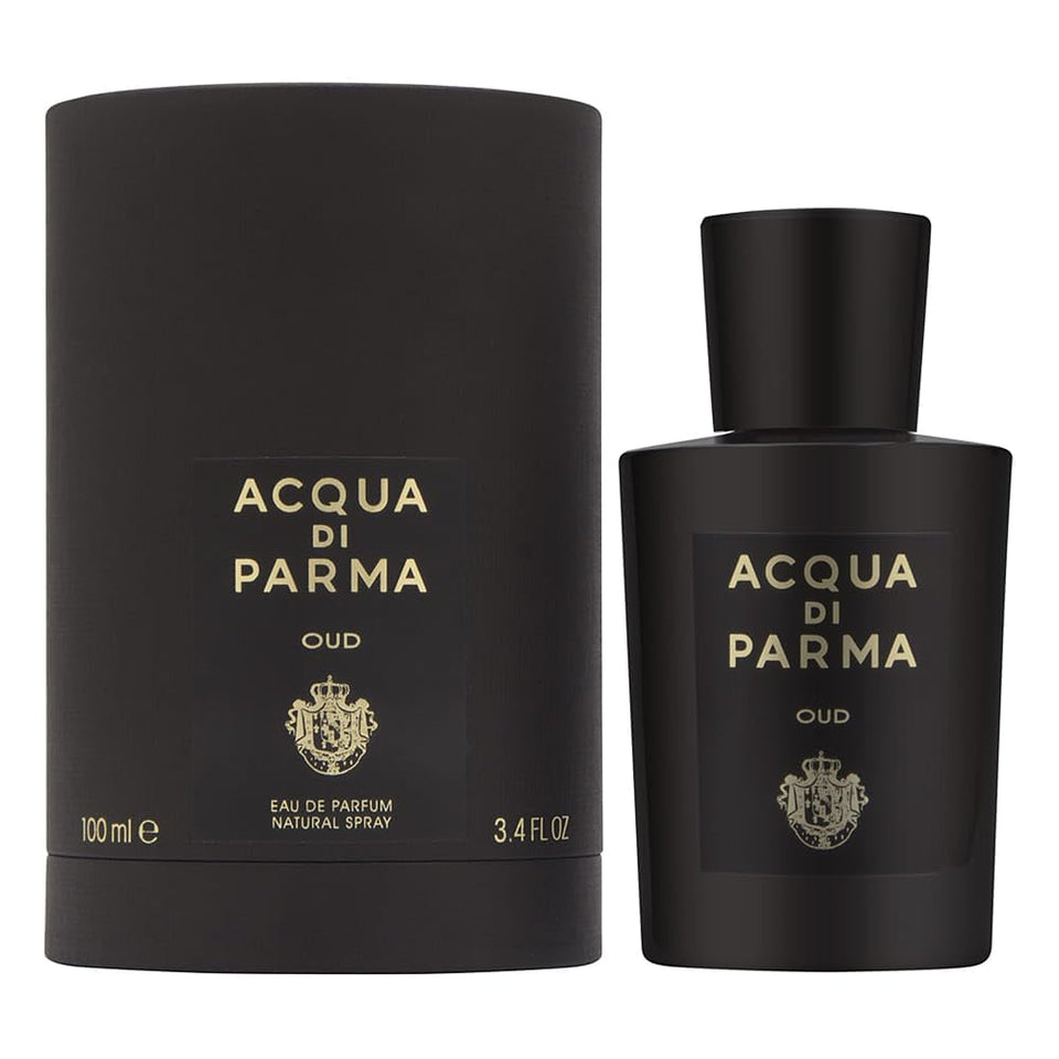 Acqua Di Parma Oud bottle front view on black surface, ideal for elegant evenings.