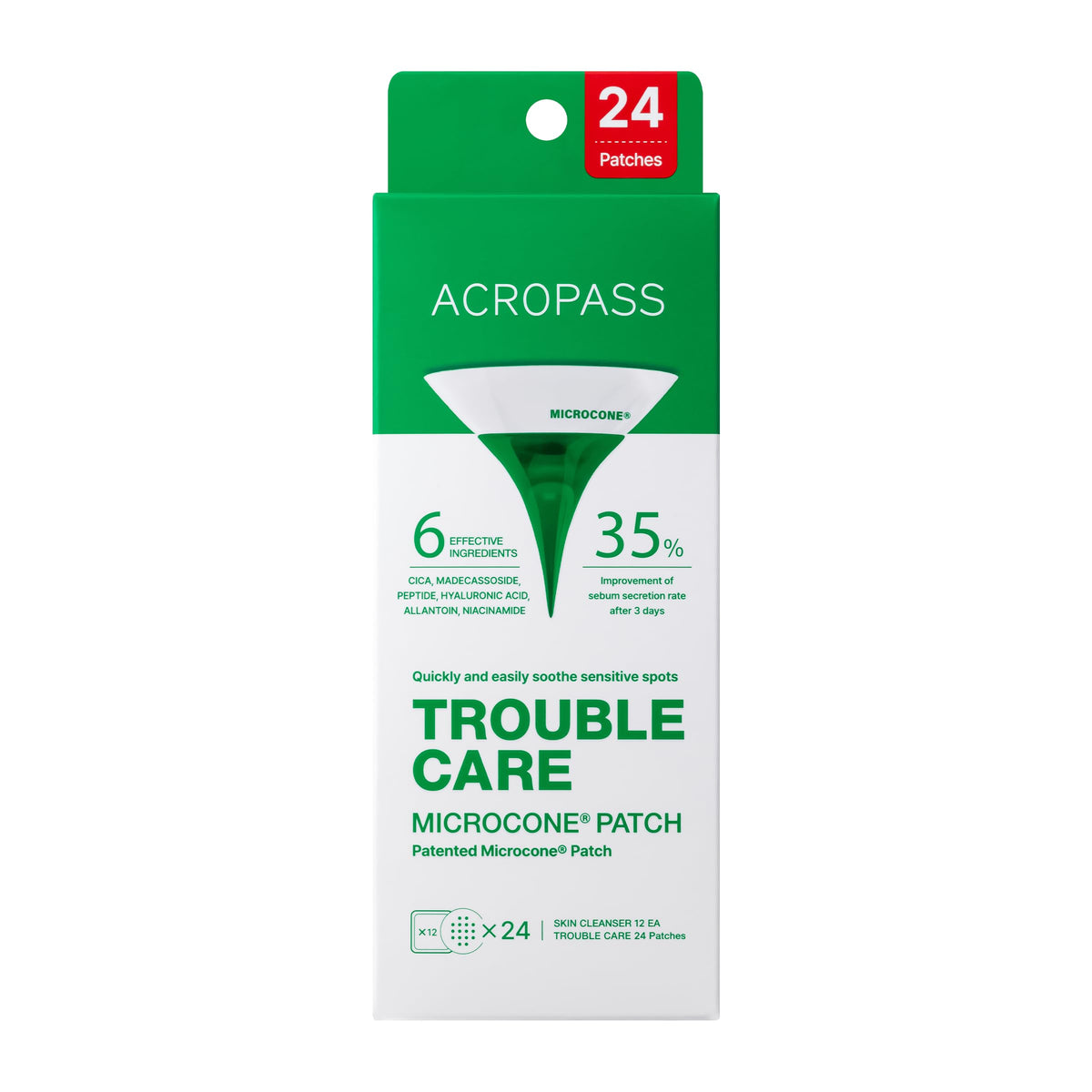 Acropass Trouble Care Microcone patch on blemish with targeted moisture-activated delivery.