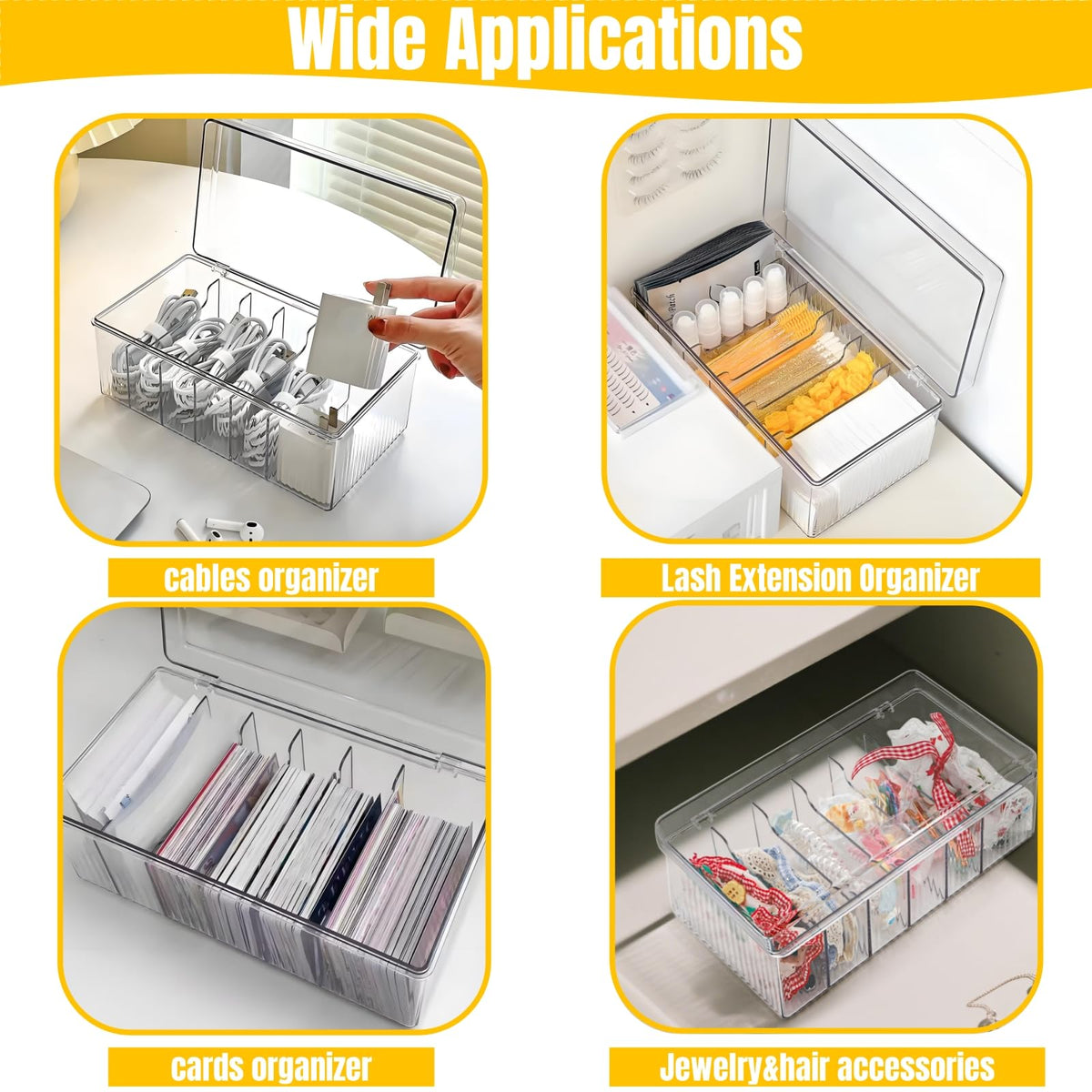 Acshio clear box with lashes and tweezers demonstrates practical organization.