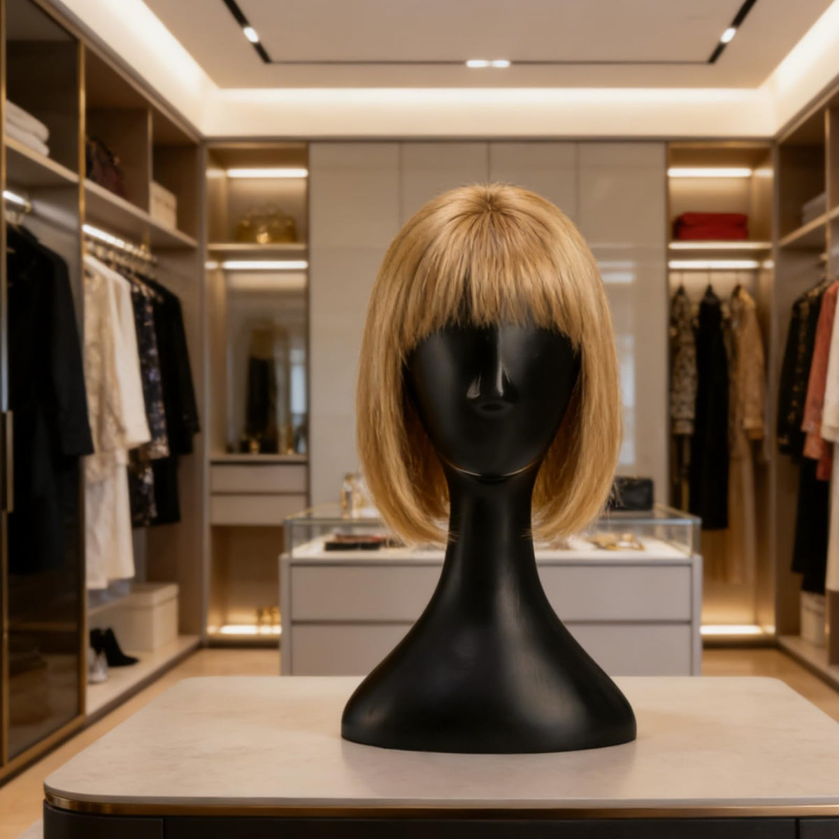Acshio lightweight plastic wig head is easy to move between stations.
