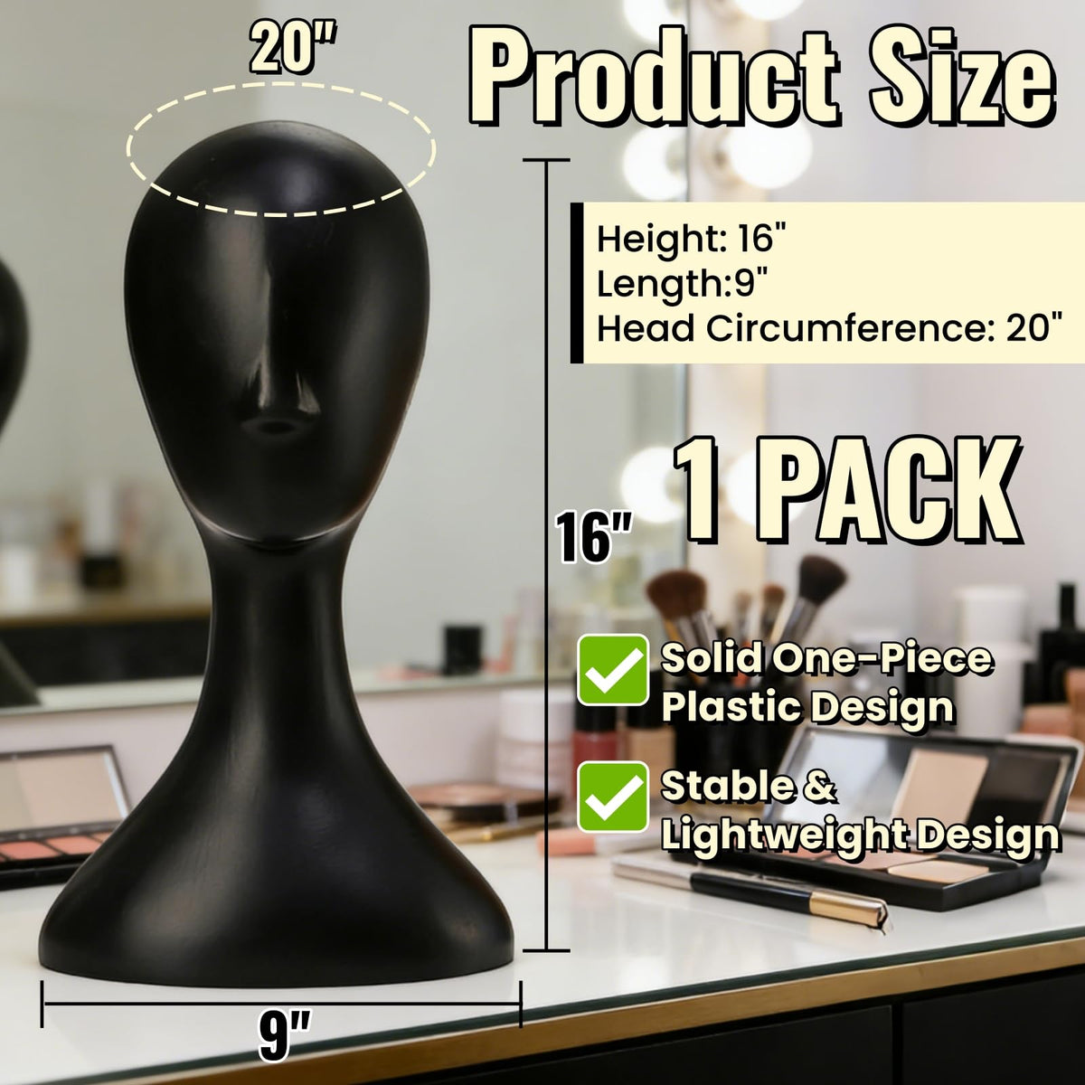 Acshio wig display head in black showcases hats and accessories with lifelike presentation.