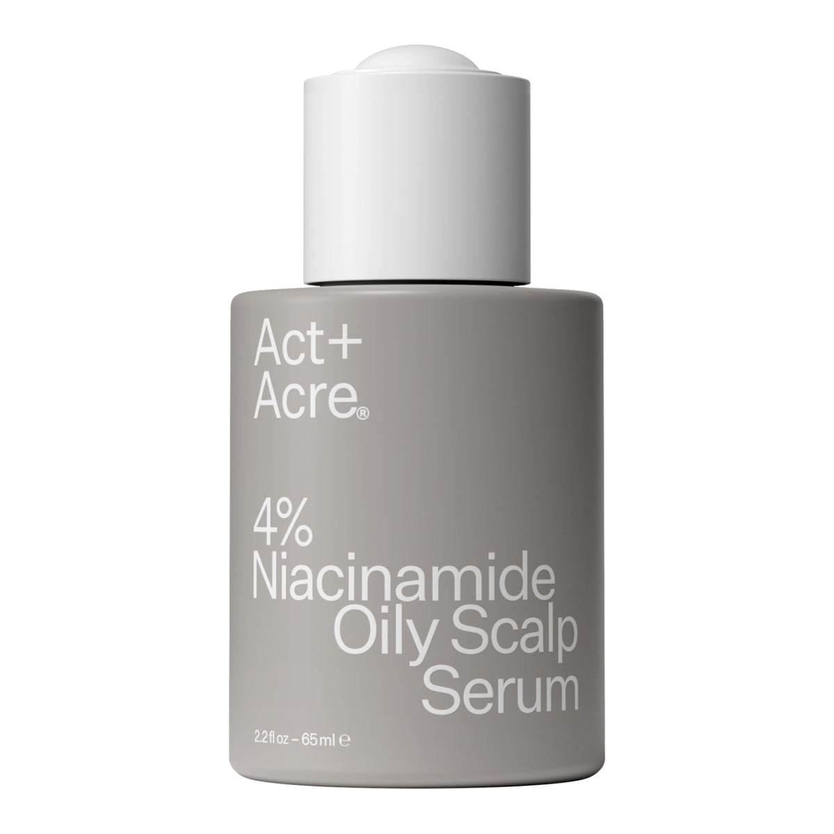 ACT+ ACRE Niacinamide serum bottle highlights cold processing for scalp balance.