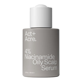 ACT+ ACRE Niacinamide serum bottle highlights cold processing for scalp balance.