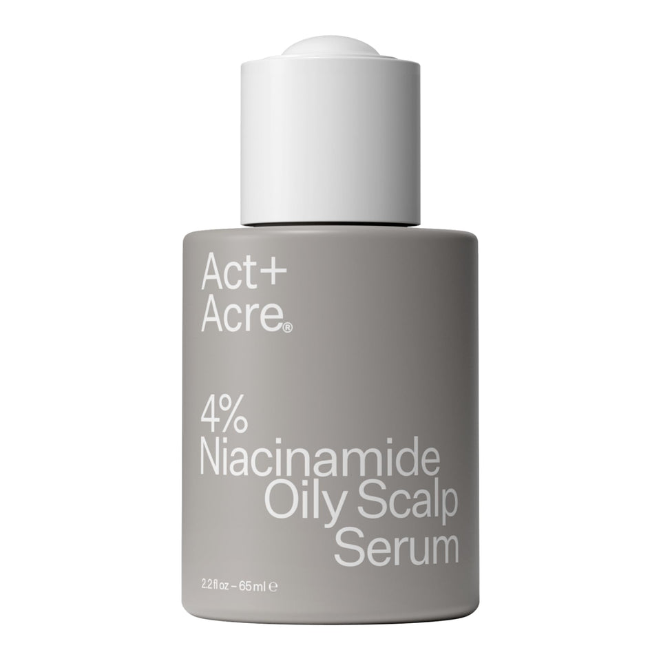 ACT+ ACRE Niacinamide serum bottle highlights cold processing for scalp balance.
