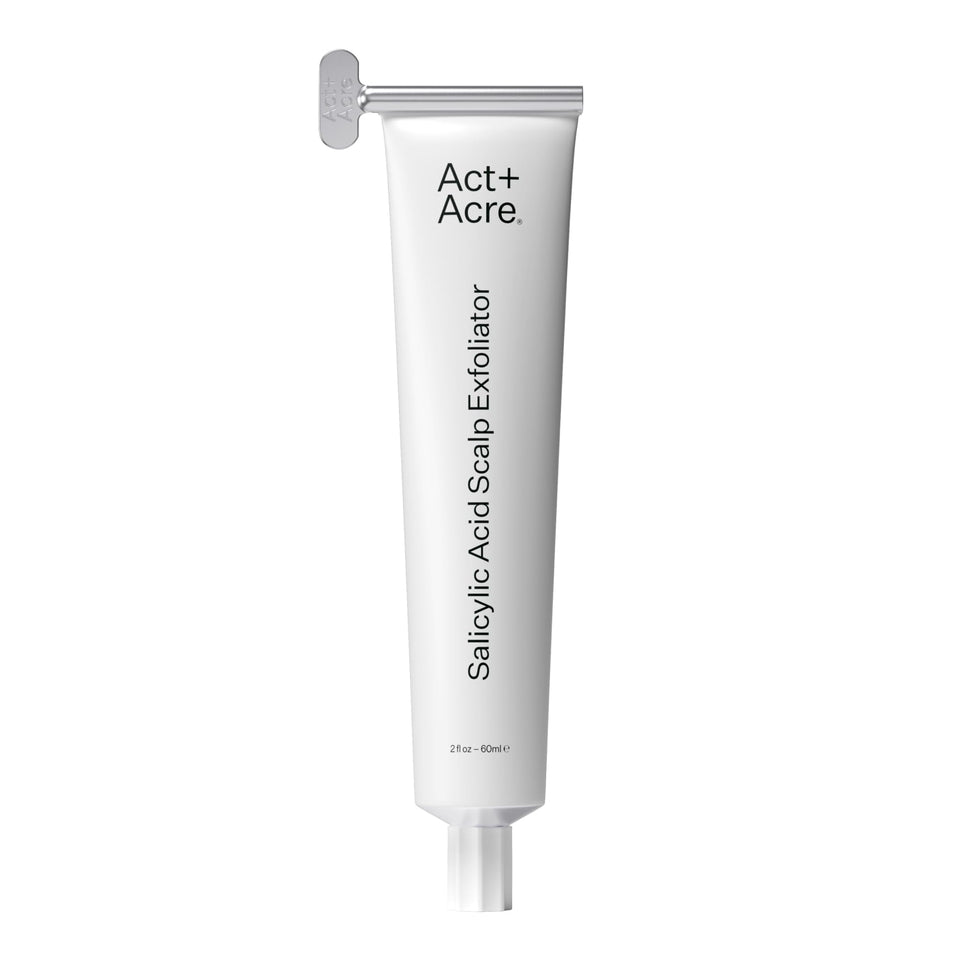 ACT+ ACRE exfoliator bottle showing fragrance-free formula for balanced scalp