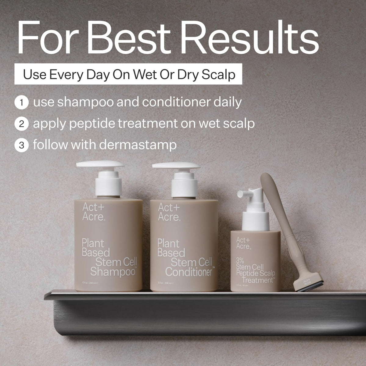 Act+Acre Stem Cell Shampoo, Conditioner, Serum flatlay, shows system compatibility