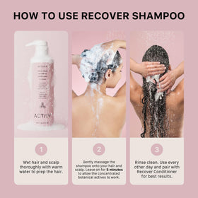 ACTIIV Recover thickening shampoo label detail indicates vegan and color-safe formula.