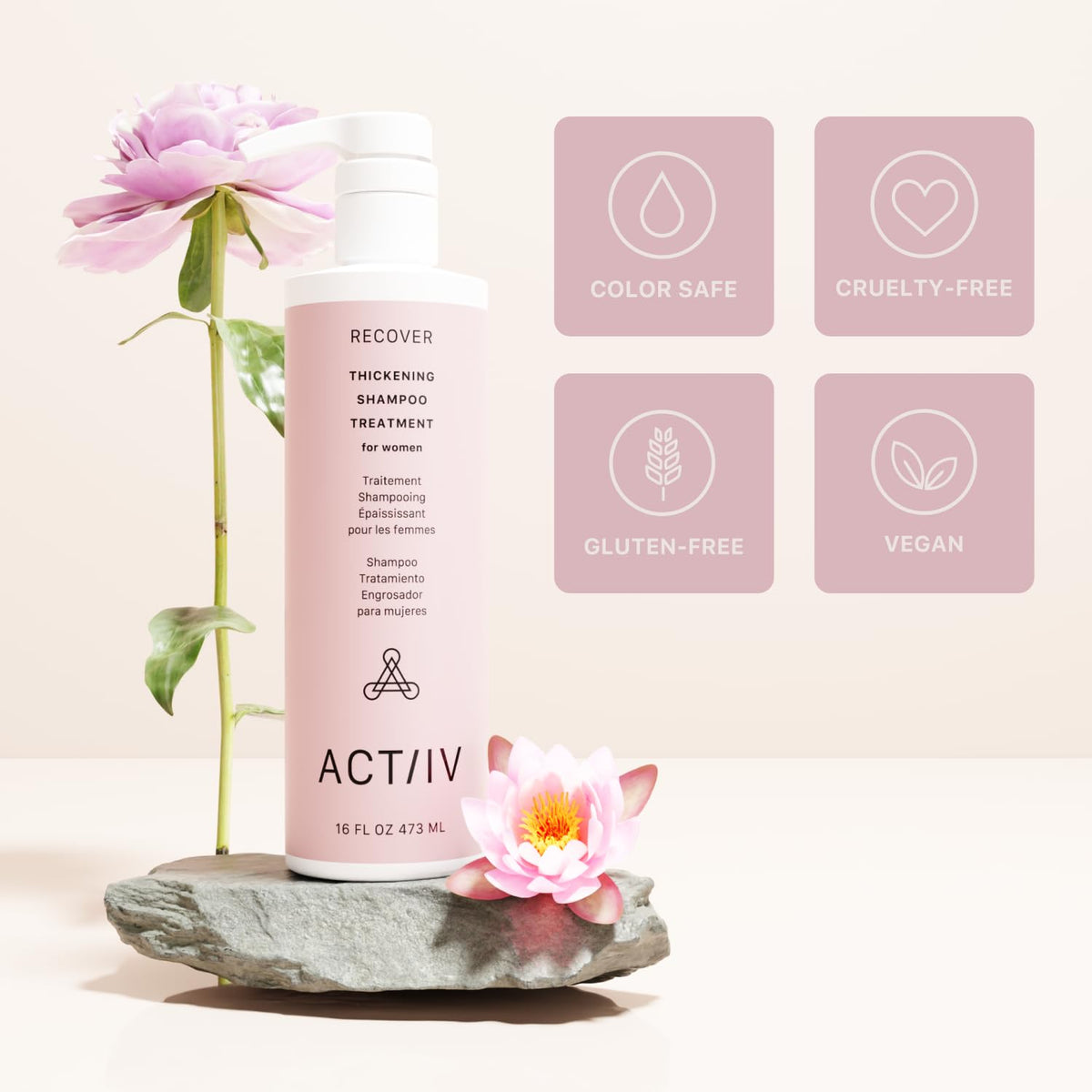 ACTIIV Recover packaging displays dimensions and 473 ml size.