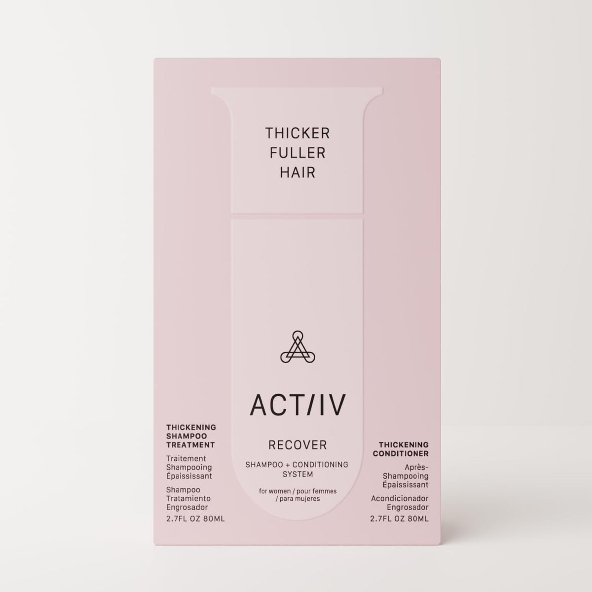 ACTIIV Recover Travel Duo conditioner bottle showcased, hinting at smoother, healthier-looking hair on journey.