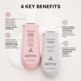 ACTIIV Recover Travel Duo packaging close-up, highlighting plant-based, color-safe formulas for all hair types.