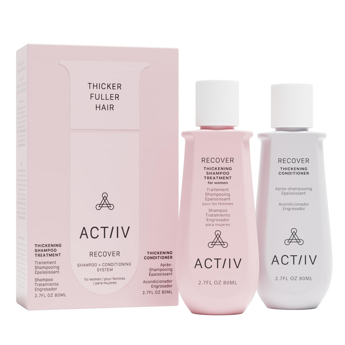 ACTIIV Recover Travel Duo shampoo bottle on display, suggesting easy, travel-friendly fuller-looking hair.