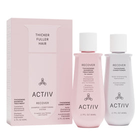 ACTIIV Recover Travel Duo shampoo bottle on display, suggesting easy, travel-friendly fuller-looking hair.