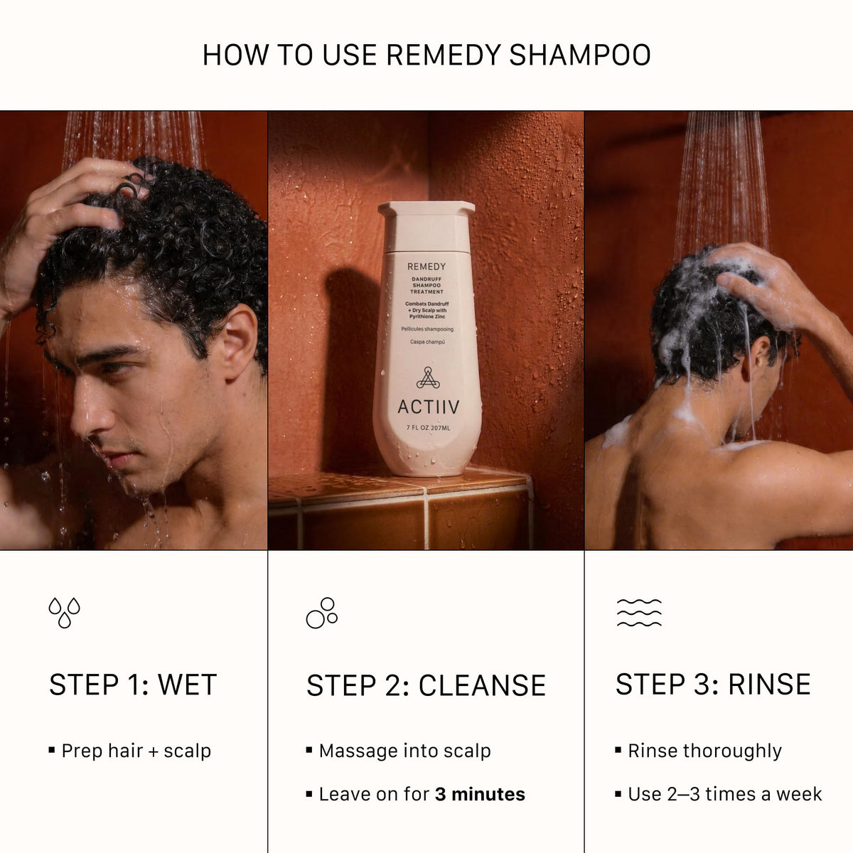 ACTIIV Remedy Dandruff Shampoo packaging shows color-safe vegan attributes.