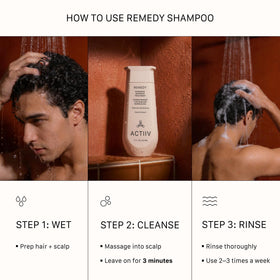 ACTIIV Remedy Dandruff Shampoo packaging shows color-safe vegan attributes.