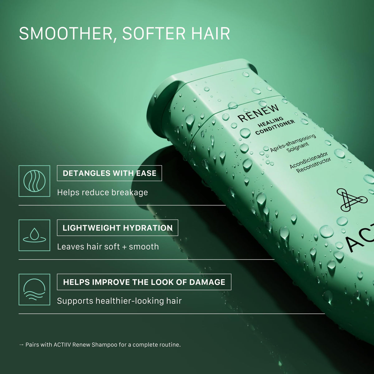 Close-up of ACTIIV Renew Healing Conditioner creamy texture for smooth detangling.