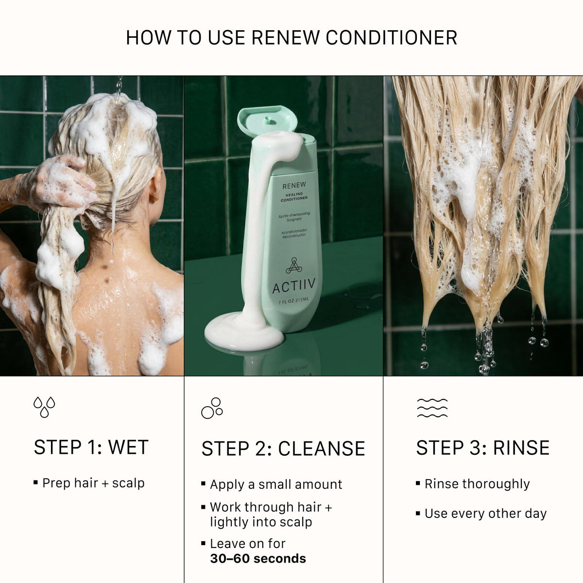 Finished hair with natural shine after using ACTIIV Renew Healing Conditioner.