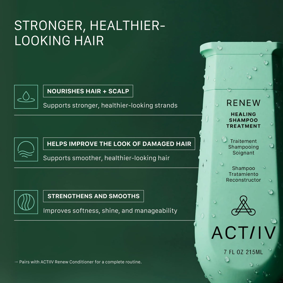 ACTIIV Renew pour shows a luxurious lather that nourishes hair and scalp.