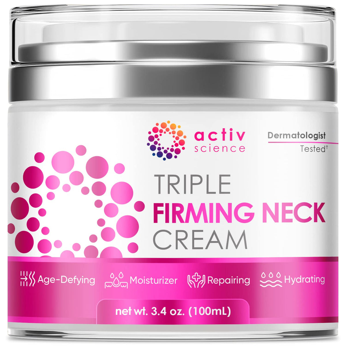 ACTIVSCIENCE Neck Firming Cream jar showing rich hydration for firmer neck skin.