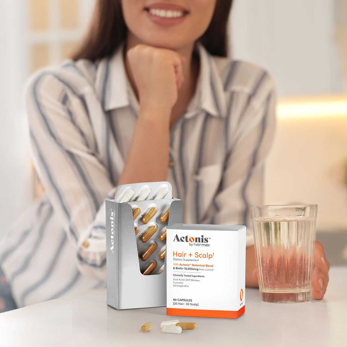 Actonis packaging box highlights dual action formula for scalp and hair health.