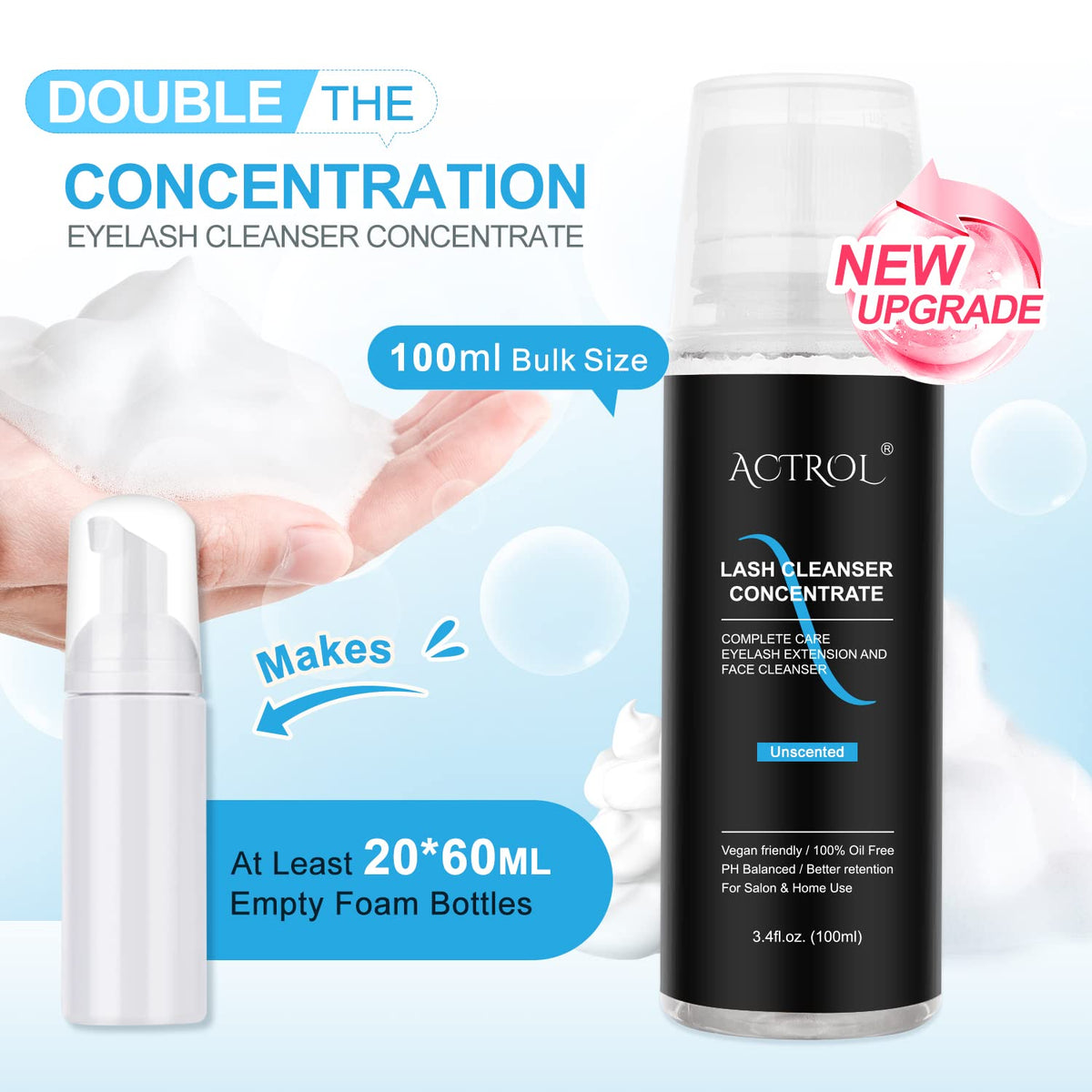ACTROL Eyelash Cleanser Concentrate foaming lather cleans lash extensions gently.