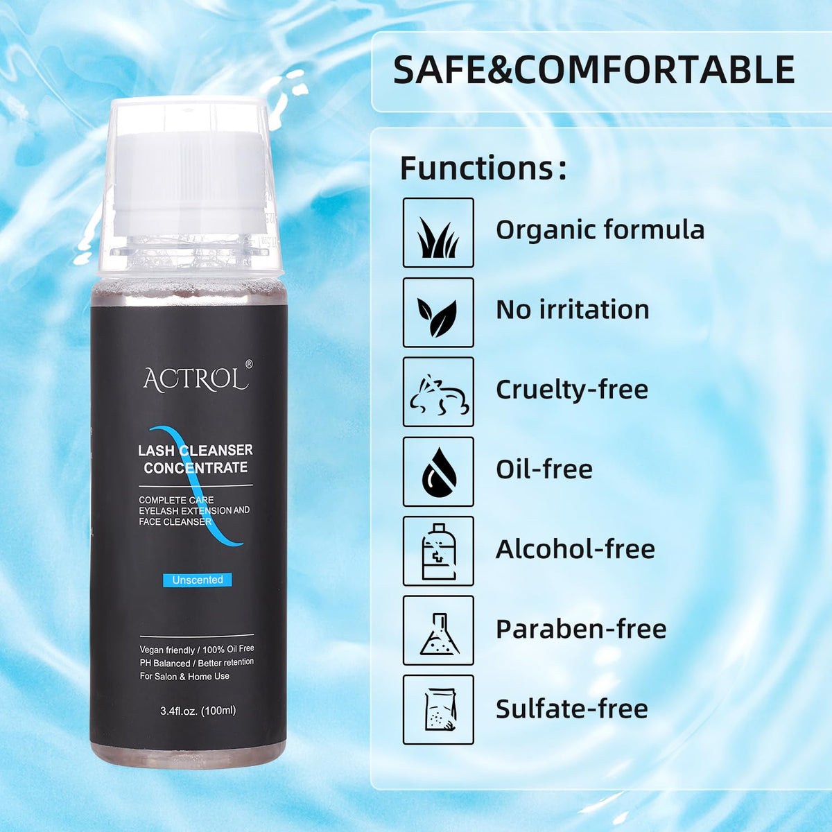ACTROL Eyelash Cleanser Concentrate salon-use setup supports quick lash maintenance.