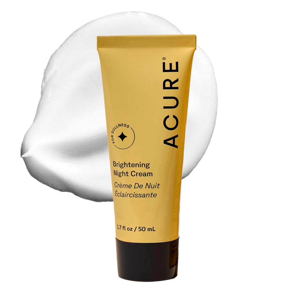 Acure Brightening Night Cream bottle closeup highlighting lightweight hydration for radiant skin.