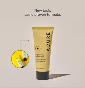 Acure Brightening Night Cream jar closeup emphasizing rich texture for nighttime use.