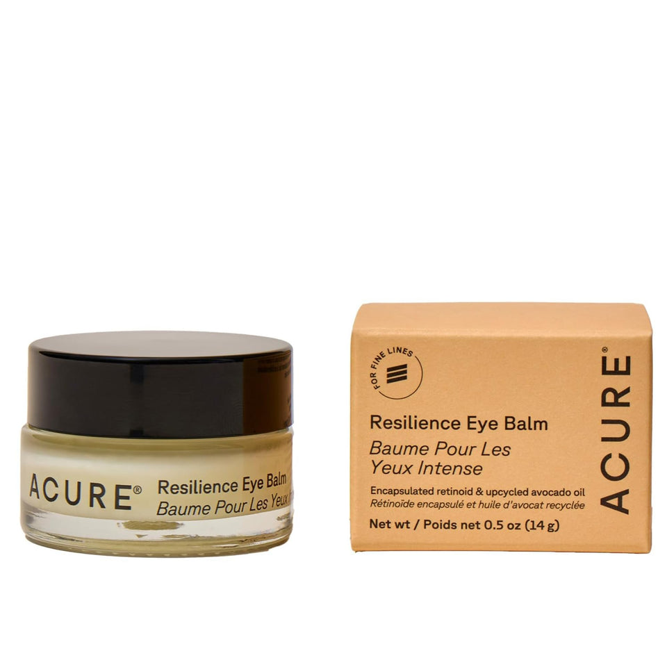 Acure Resilience Eye Balm jar close-up showing creamy texture for smoothing fine lines.