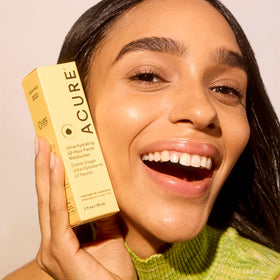 Acure Ultra Hydrating 12 Hour Facial Cream label close-up highlights vegan, clean ingredients
