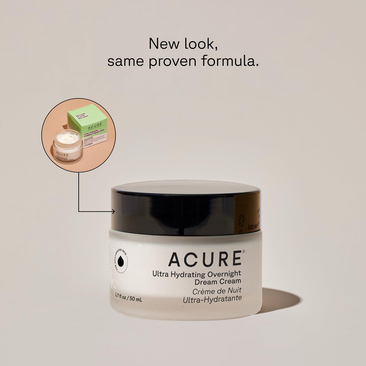 Acure Ultra Hydrating Overnight Dream Cream jar close-up showing rich, non-greasy hydration.
