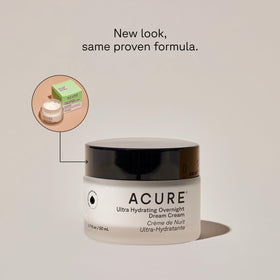 Acure Ultra Hydrating Overnight Dream Cream jar close-up showing rich, non-greasy hydration.