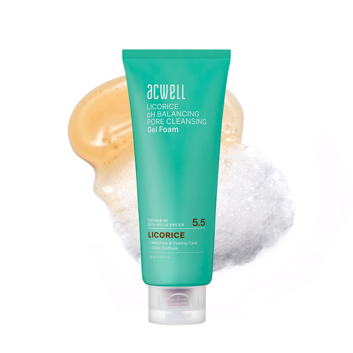 ACWELL Licorice gel foam bottle demonstrates a gentle pore cleansing for all skin types
