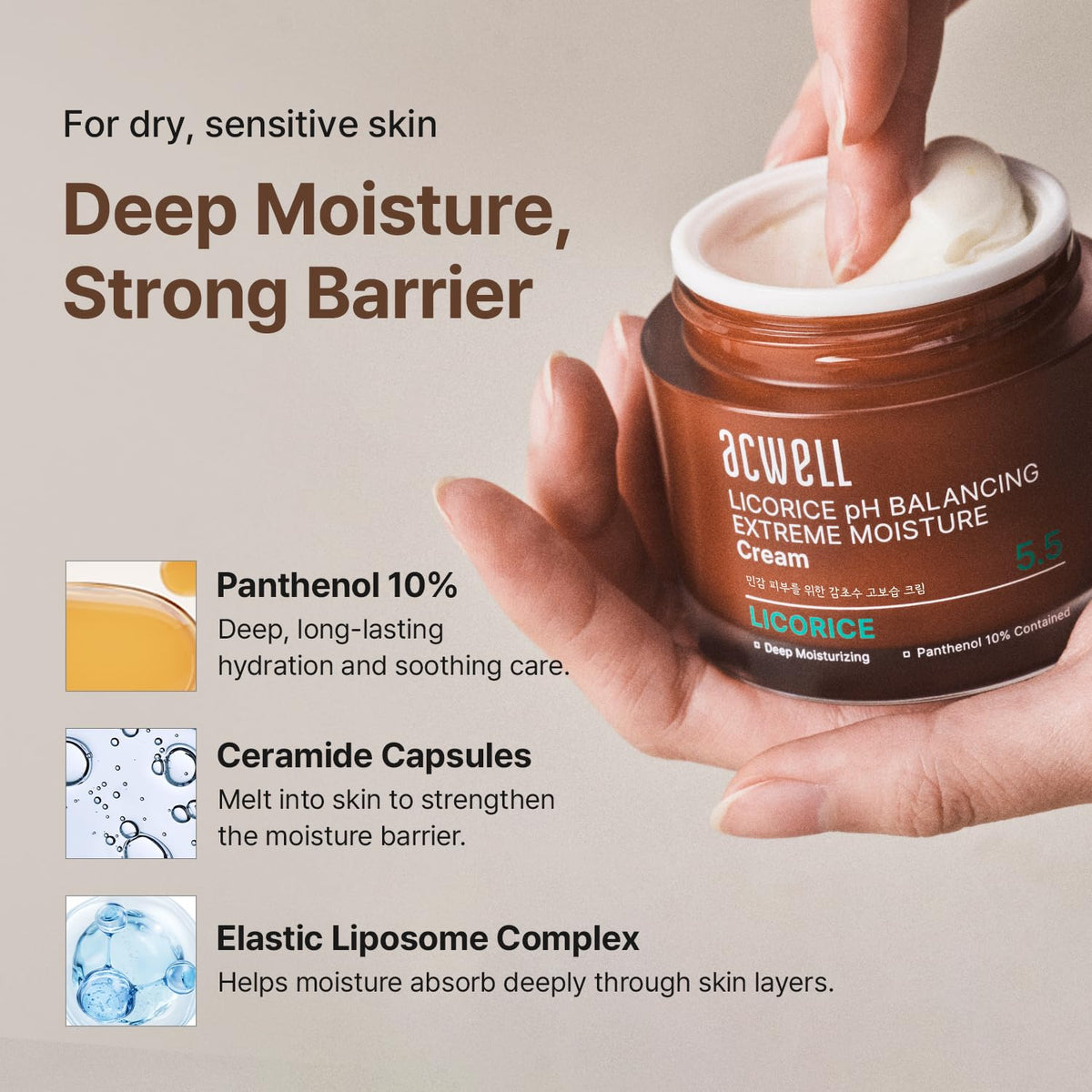 ACWELL Licorice pH Balancing Cream ingredient panel with panthenol supports hydration