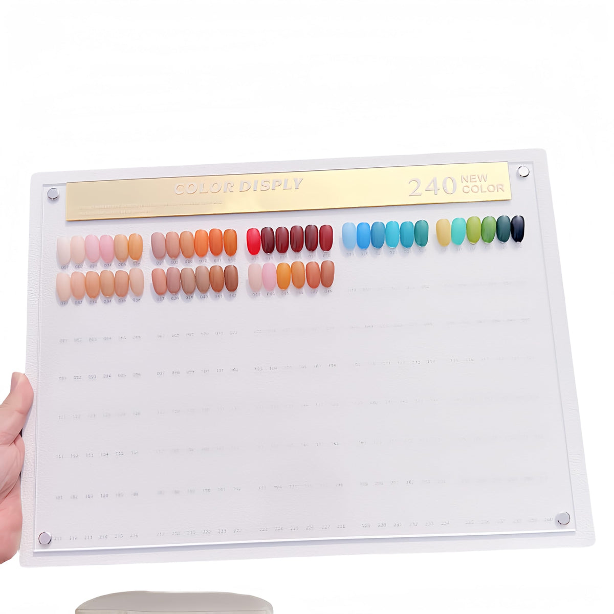 Acycoin2A 240 nail color display board front view showcases a crystal-clear acrylic surface for polish samples.
