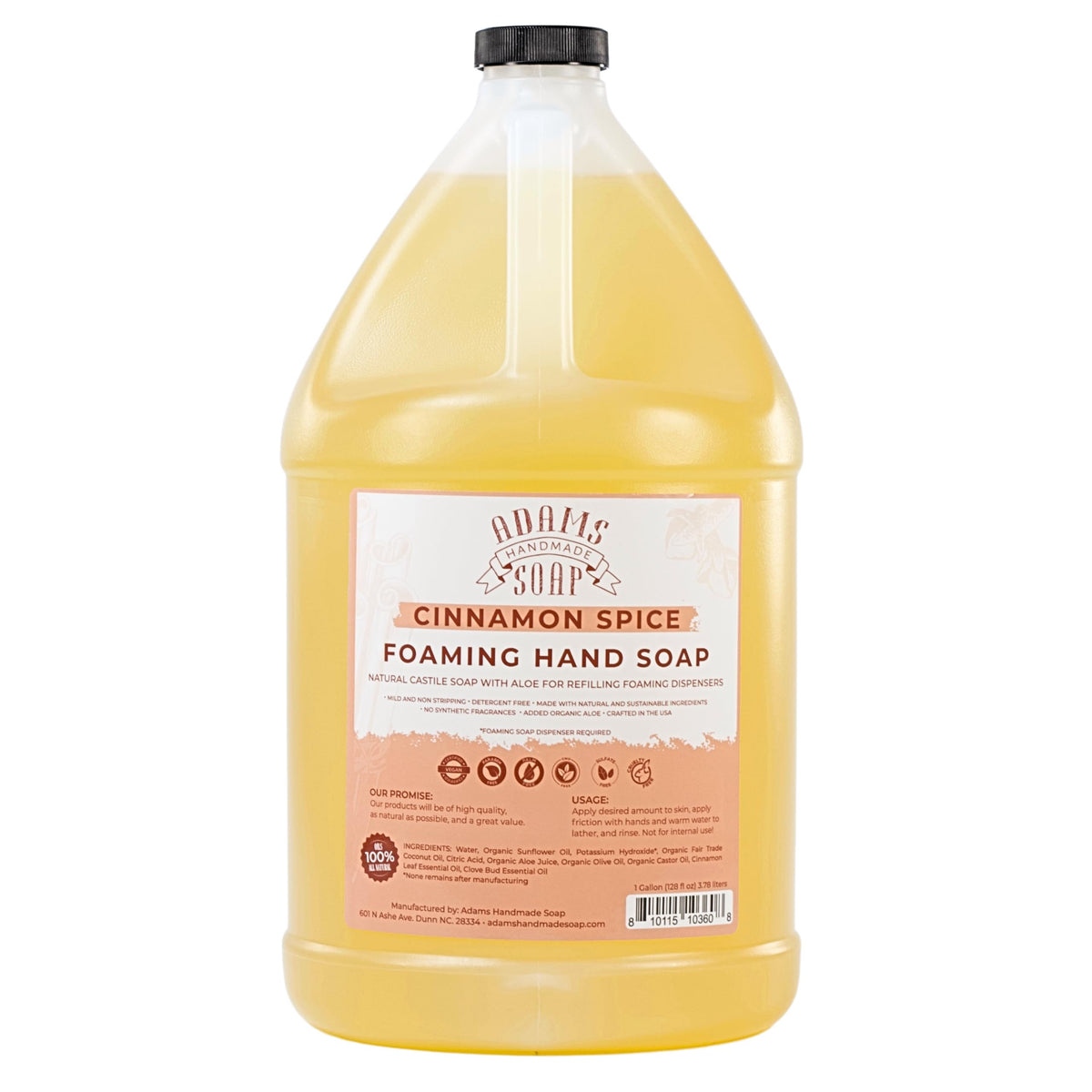 Adams Handmade Soap Cinnamon Spice foaming bottle pour for easy refills.