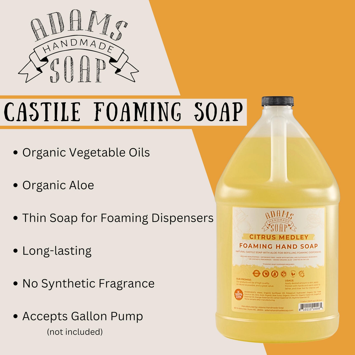Adams Handmade Soap Citrus Medley ingredients label highlights plant-based oils and aloe