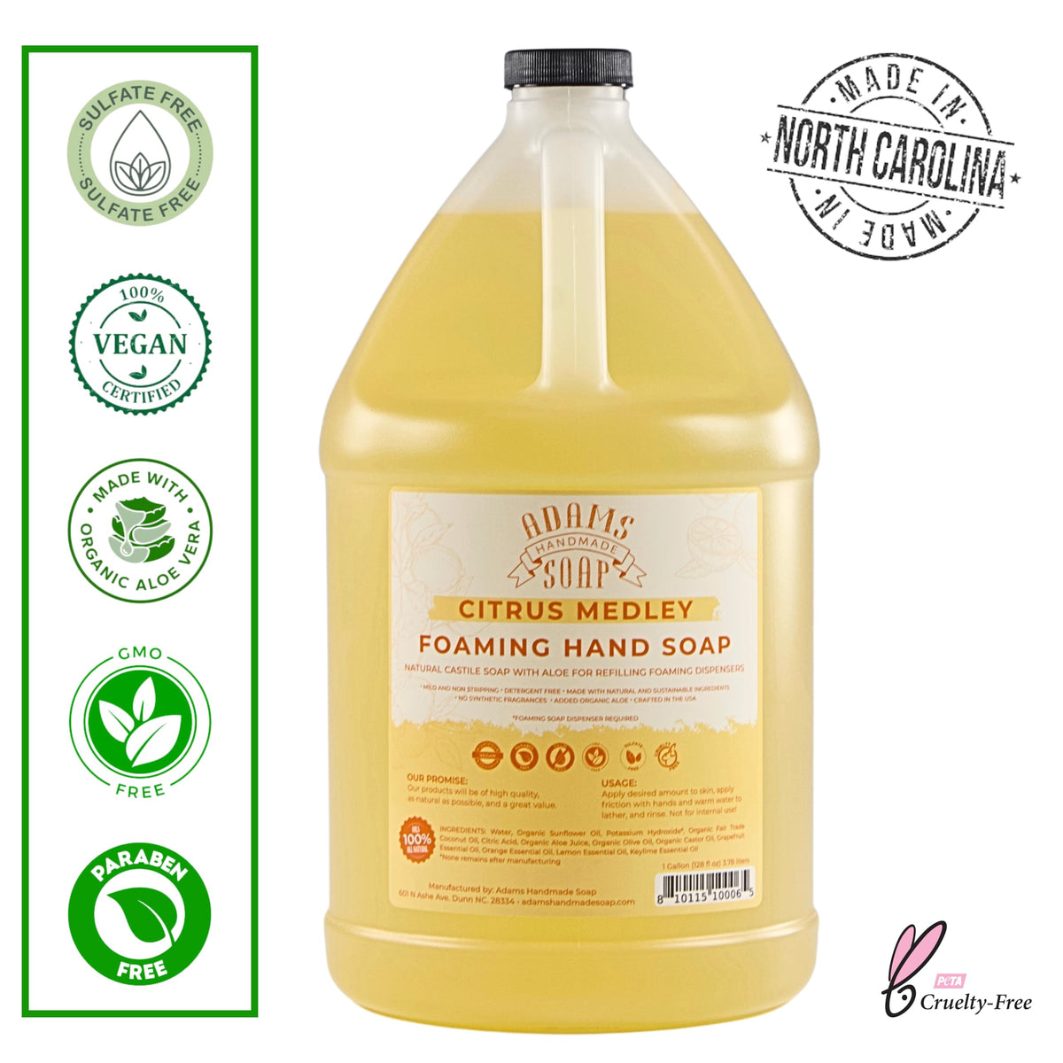 Adams Handmade Soap Citrus Medley foaming lather demonstrates gentle cleansing