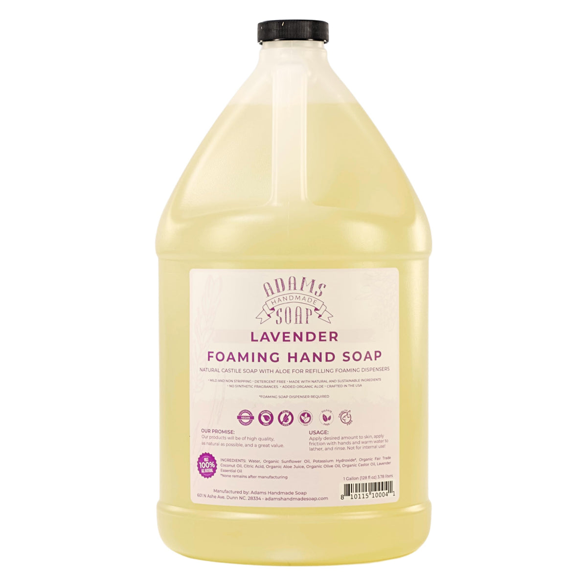 Adams Handmade Soap Lavender foaming bottle 1 gal for easy refills.