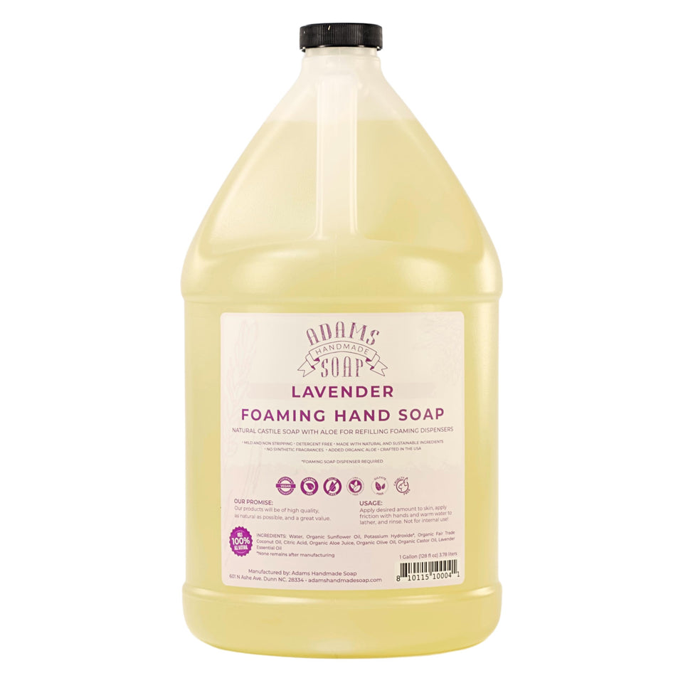 Adams Handmade Soap Lavender foaming bottle 1 gal for easy refills.