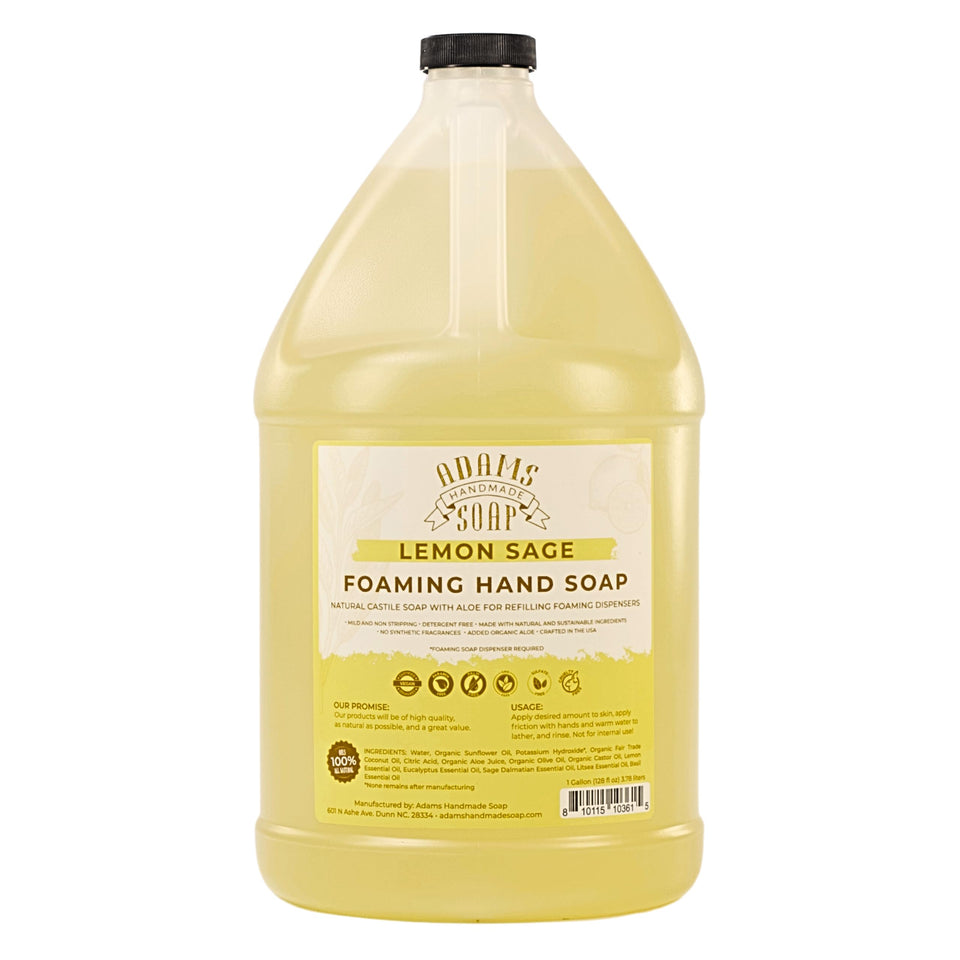 Adams Handmade Soap Lemon Sage bottle pour for easy bulk refill and hand washing.