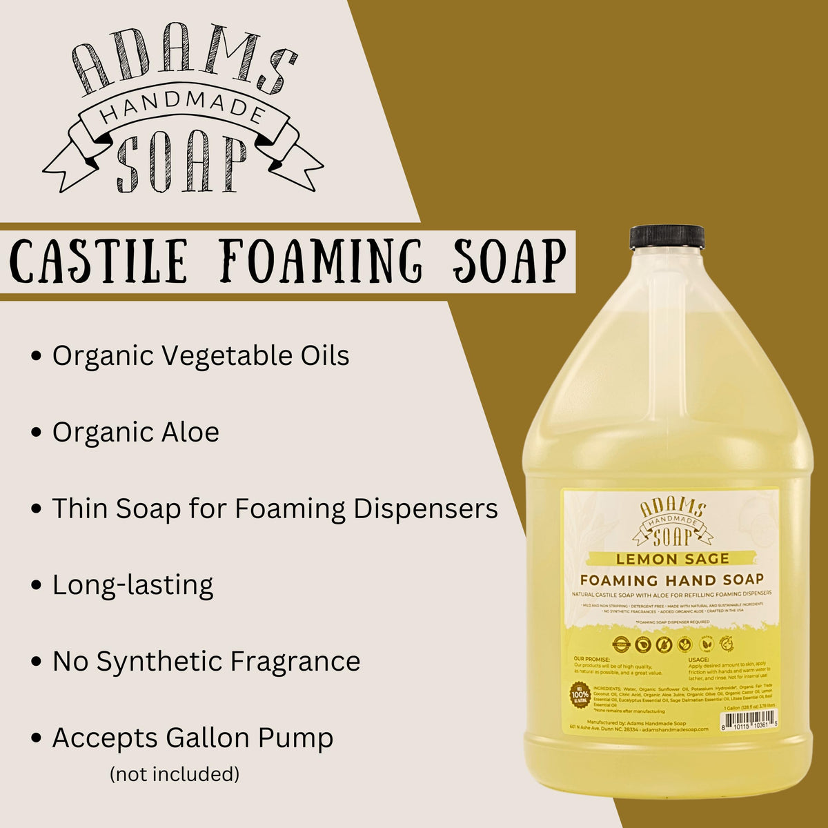 Adams Handmade Soap Lemon Sage label closeup highlights natural ingredients.