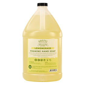 Adams Handmade Soap Lemongrass bottle pour demonstrates easy refills and a mild skin feel